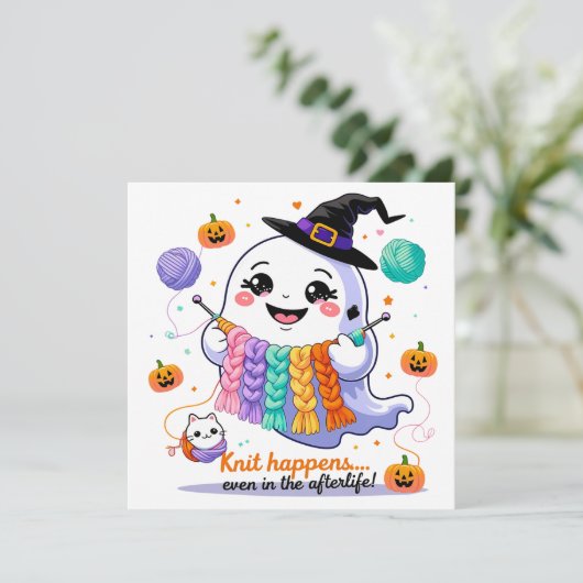 Kawaii Ghost Knitting Halloween Invitation Sticker Kaart (Staand voorkant)