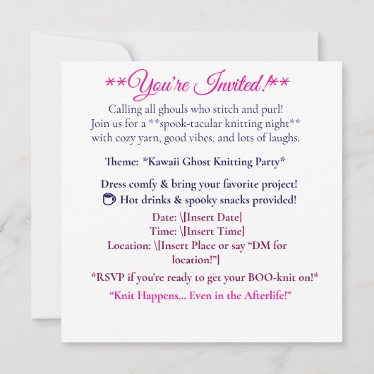 Kawaii Ghost Knitting Halloween Invitation Sticker Kaart (Achterkant)