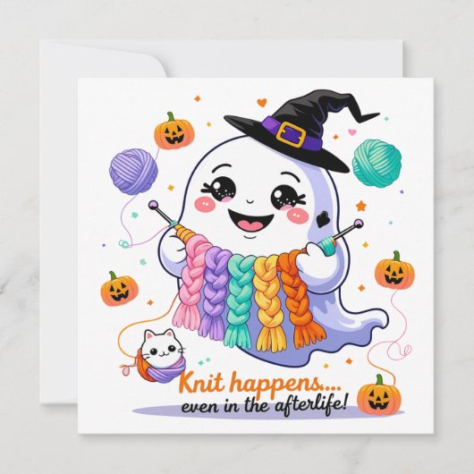 Kawaii Ghost Knitting Halloween Invitation Sticker Kaart (Voorkant)