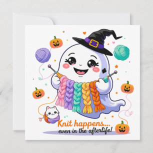 Kawaii Ghost Knitting Halloween Invitation Sticker Kaart