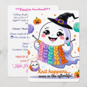 Kawaii Ghost Knitting Halloween Invitation Sticker Kaart (Voorkant / Achterkant)