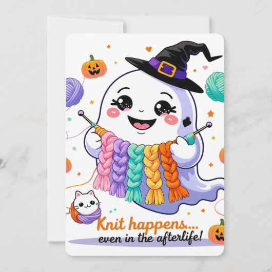 Kawaii Ghost Knitting Halloween Invitation Sticker Kaart (Voorkant)