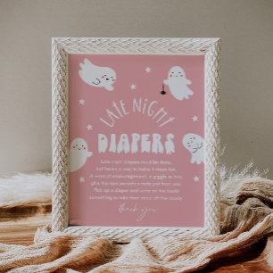 Kawaii Ghost Late Night Luiers Baby shower teken Poster