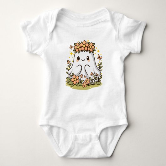 Kawaii Ghost omgeven door bloemen Romper (Voorkant)