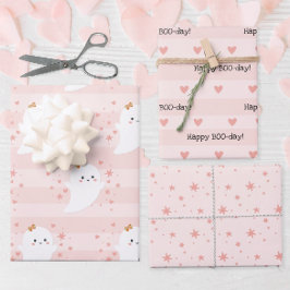Kawaii Ghost Pink Halloween Birthday Inpakpapier Vel