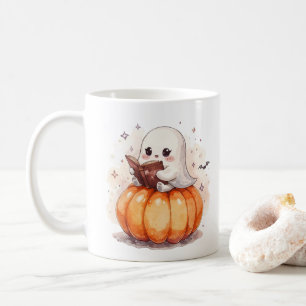 Kawaii Ghost Reading op Pumpkin - Schattigee Hallo Koffiemok