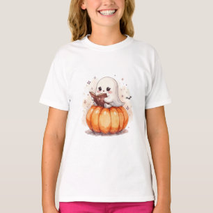Kawaii Ghost Reading op Pumpkin - Schattigee Hallo T-shirt