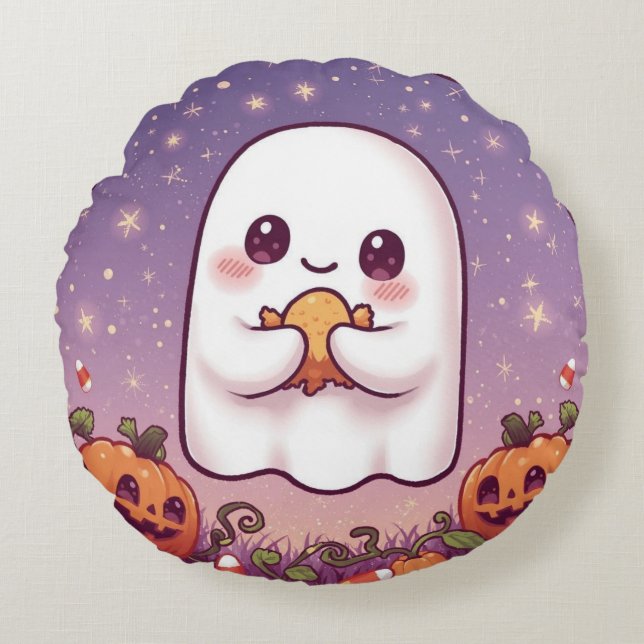 Kawaii Ghost Round Pillow 💜👻 Rond Kussen (Voorkant)