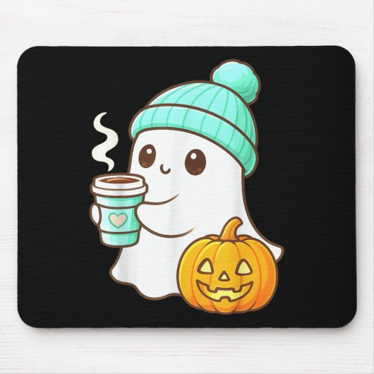 Kawaii Ghost With Pumpkin Coffee Cozy Halloween Au Muismat (Voorkant)
