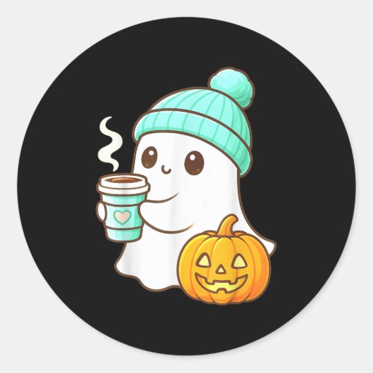 Kawaii Ghost With Pumpkin Coffee Cozy Halloween Au Ronde Sticker (Voorkant)