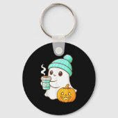Kawaii Ghost With Pumpkin Coffee Cozy Halloween Au Sleutelhanger (Voorkant)
