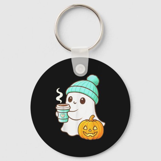 Kawaii Ghost With Pumpkin Coffee Cozy Halloween Au Sleutelhanger (Voorkant)