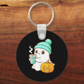 Kawaii Ghost With Pumpkin Coffee Cozy Halloween Au Sleutelhanger (Voorkant)