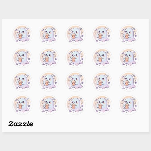 Kawaii Ghost with Pumpkin Latte – Cute Halloween S Ronde Sticker (Vel)