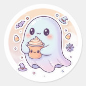 Kawaii Ghost with Pumpkin Latte – Cute Halloween S Ronde Sticker (Voorkant)