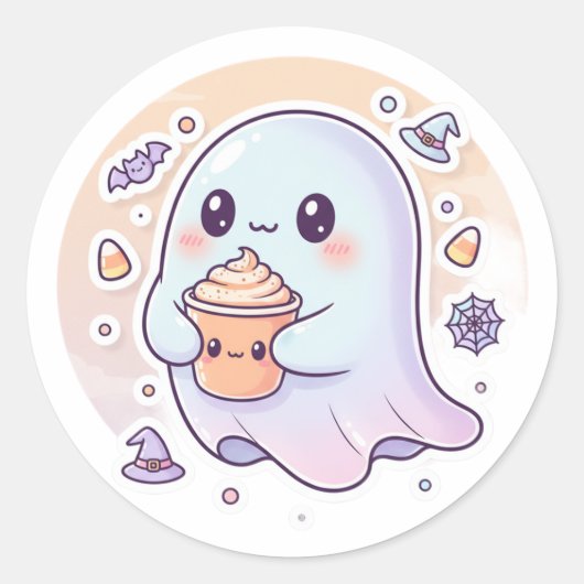 Kawaii Ghost with Pumpkin Latte – Cute Halloween S Ronde Sticker (Voorkant)