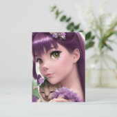 Kawaii Girl en Kitten Briefkaart (Staand voorkant)