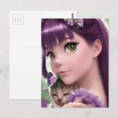 Kawaii Girl en Kitten Briefkaart (Voorkant / Achterkant)