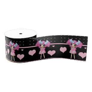 Kawaii Girl PinkP - trendy zwarte roze harten Grosgrain Lint