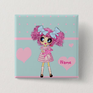 Kawaii Girl PinkyP pastelblauw Vierkante Button 5,1 Cm