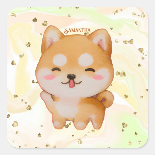 Kawaii glimlachend Cartoon-stijl Shiba Inu Vierkante Sticker (Voorkant)