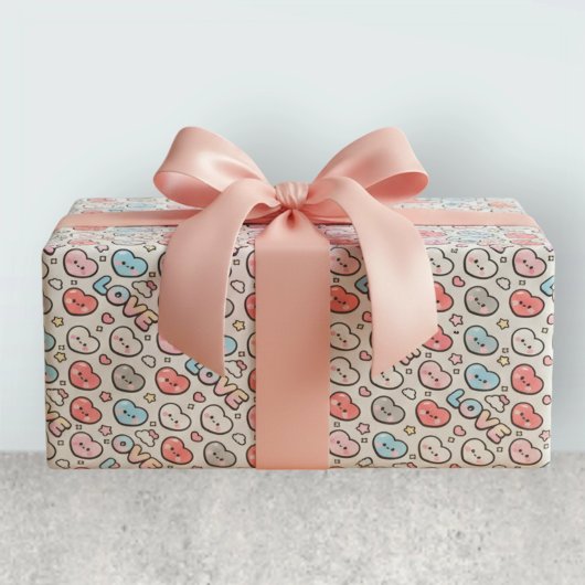 Kawaii Glimlachende Hartjes Gradiënt LIEFDE Patroo Cadeaupapier
