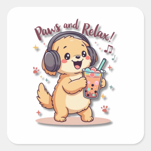 Kawaii Golden Retriever Dansen met hoofdtelefoon Vierkante Sticker (Voorkant)