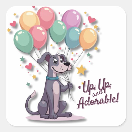 Kawaii Great Dane Pup met ballonnen Vierkante Sticker (Voorkant)