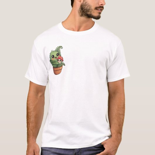 Kawaii Green Moss Creature Hugging Little Mushroom T-shirt (Voorkant)