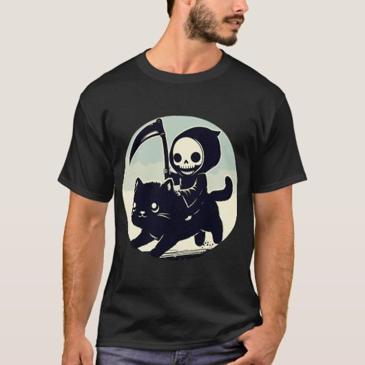 Kawaii Grim Reaper Rijden op Black Cat T-shirt (Voorkant)