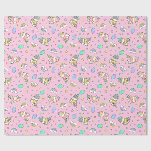 Kawaii Guinea Pig Unicorn Pattern in Roze Cadeaupapier (Vlak)