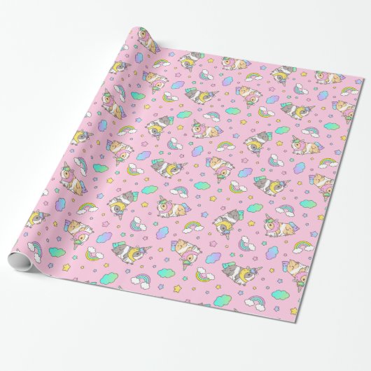Kawaii Guinea Pig Unicorn Pattern in Roze Cadeaupapier (Uitgerold)