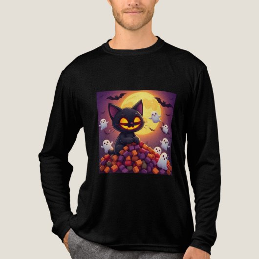 Kawaii Halloween Black Cat Art Tri-Blend Shirt (Voorkant volledig)