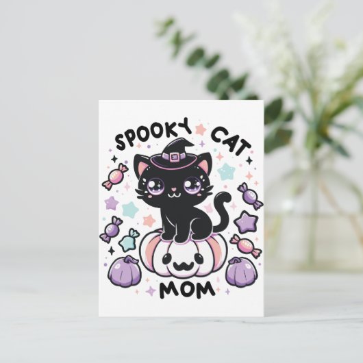 Kawaii Halloween Cat – Cute Witch Kitty on Pumpkin Briefkaart (Staand voorkant)