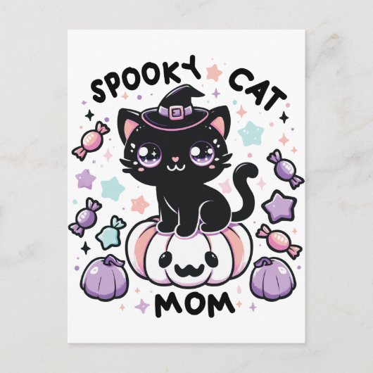 Kawaii Halloween Cat – Cute Witch Kitty on Pumpkin Briefkaart (Voorkant)