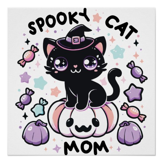 Kawaii Halloween Cat – Cute Witch Kitty on Pumpkin Perfect Poster (Voorkant)
