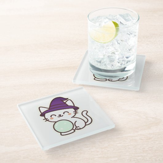 Kawaii Halloween Cat – Magisch en Schattig Spooky Glazen Onderzetter (Schuin)