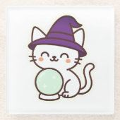 Kawaii Halloween Cat – Magisch en Schattig Spooky Glazen Onderzetter (Voorkant)