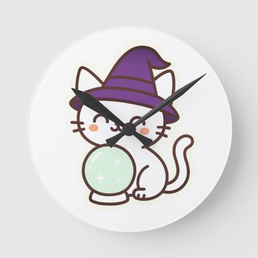 Kawaii Halloween Cat – Magisch en Schattig Spooky Ronde Klok (Voorkant)