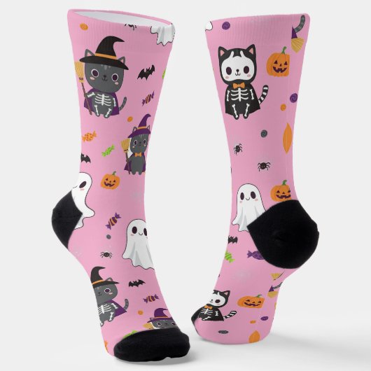 Kawaii Halloween Cats and Ghosts Sokken (Gebogen)
