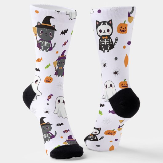 Kawaii Halloween Cats and Ghosts Sokken (Gebogen)