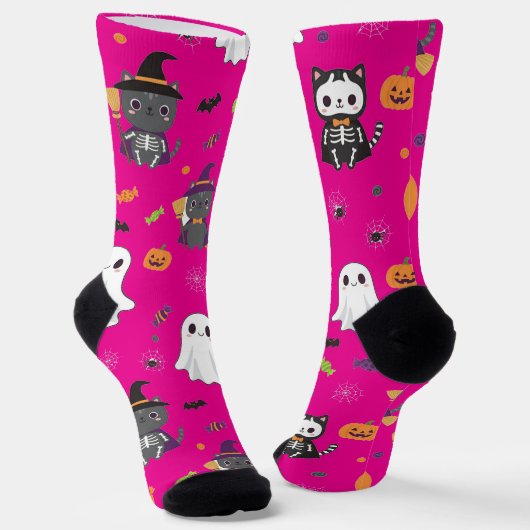 Kawaii Halloween Cats and Ghosts Sokken (Gebogen)