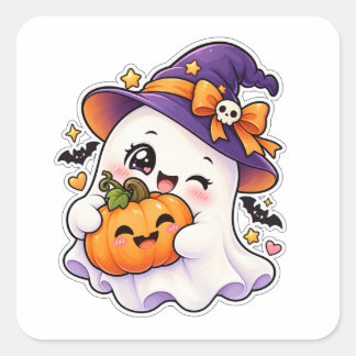 Kawaii Halloween Geest en Pompoen Cute Spooky Vierkante Sticker