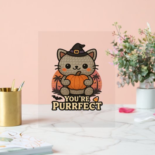 Kawaii Halloween kat met pompoen, Schattigee heks Acryl Bord (Huwelijk)