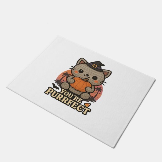 Kawaii Halloween kat met pompoen, Schattigee heks  Deurmat (Schuin)