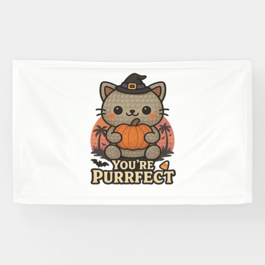 Kawaii Halloween kat met pompoen, Schattigee heks  Spandoek (Horizontaal)