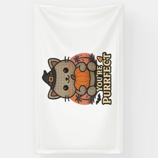 Kawaii Halloween kat met pompoen, Schattigee heks  Spandoek (Verticaal)