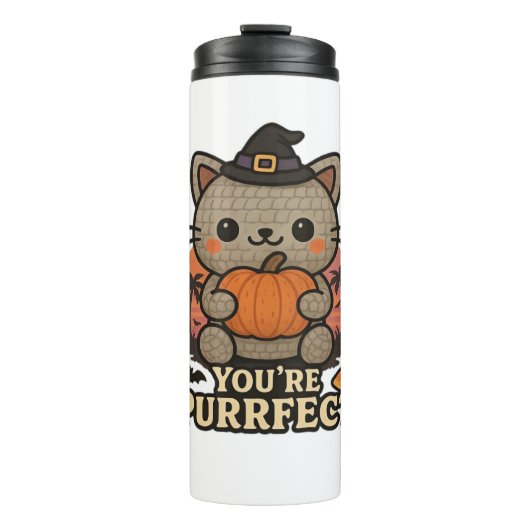 Kawaii Halloween kat met pompoen, Schattigee heks  Thermosbeker (Voorkant)