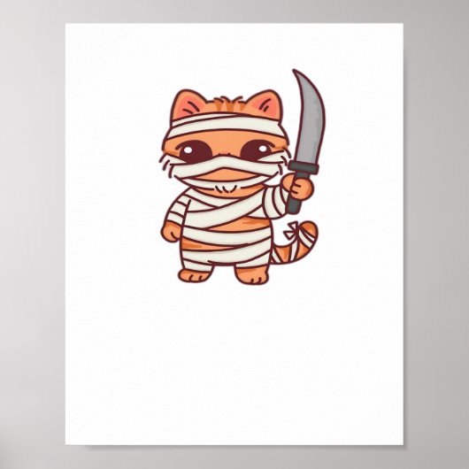 Kawaii Halloween Mummy Cat met Zwaard Classic T-Sh Poster (Voorkant)
