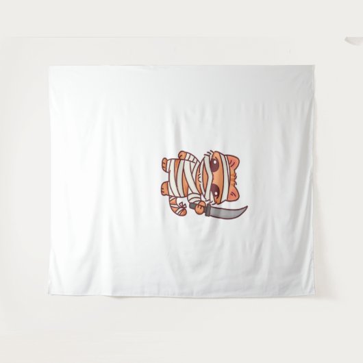 Kawaii Halloween Mummy Cat met Zwaard Classic T-Sh Wandkleed (Voorkant (horizontaal))